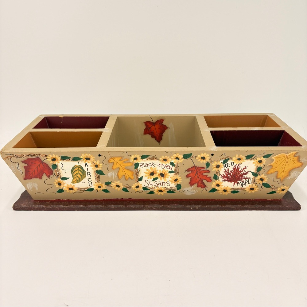 Kathy Hatch Hand Painted Wood Desk Organizer Fall Leaves Floral Autumn Caddy‎